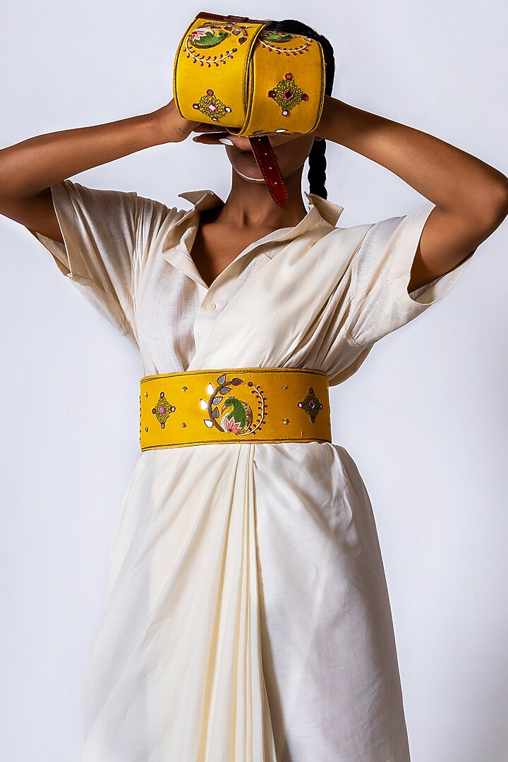 Yellow Khadi & Leather Embroidered Belt by KrutiArts at Pernia's Pop Up Shop