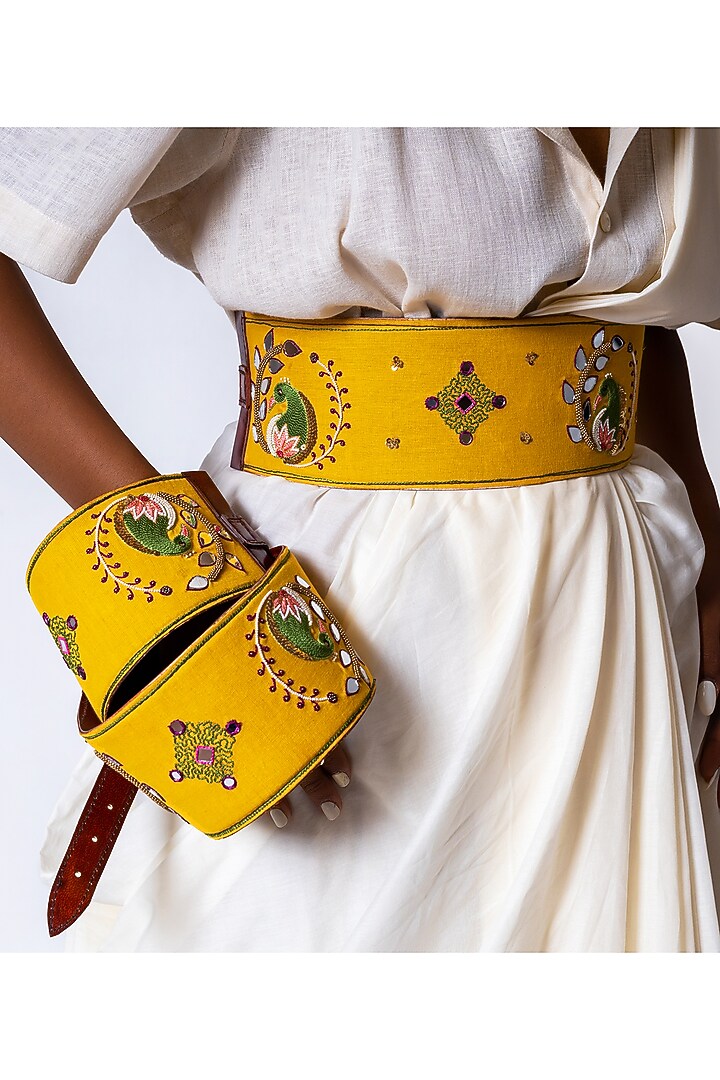 Yellow Khadi & Leather Embroidered Belt by KrutiArts at Pernia's Pop Up Shop