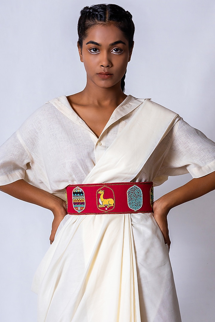 Pink Khadi & Leather Embroidered Belt by KrutiArts at Pernia's Pop Up Shop