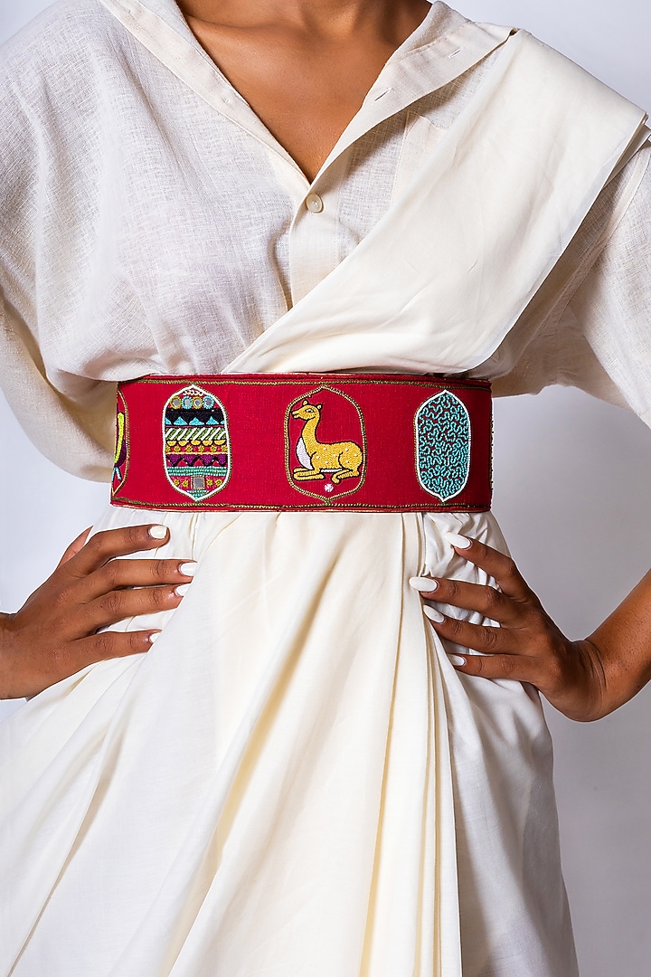 Pink Khadi & Leather Embroidered Belt by KrutiArts at Pernia's Pop Up Shop
