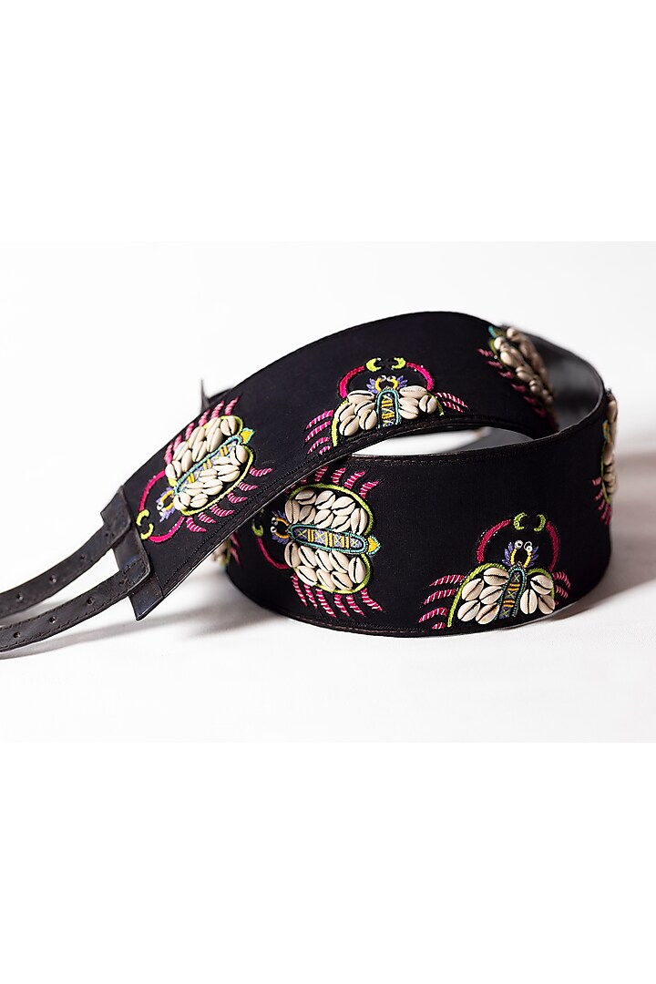 Black Khadi & Leather Embroidered Belt by KrutiArts