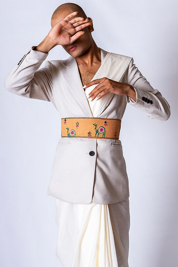 Brown Khadi & Leather Embroidered Belt by KrutiArts at Pernia's Pop Up Shop