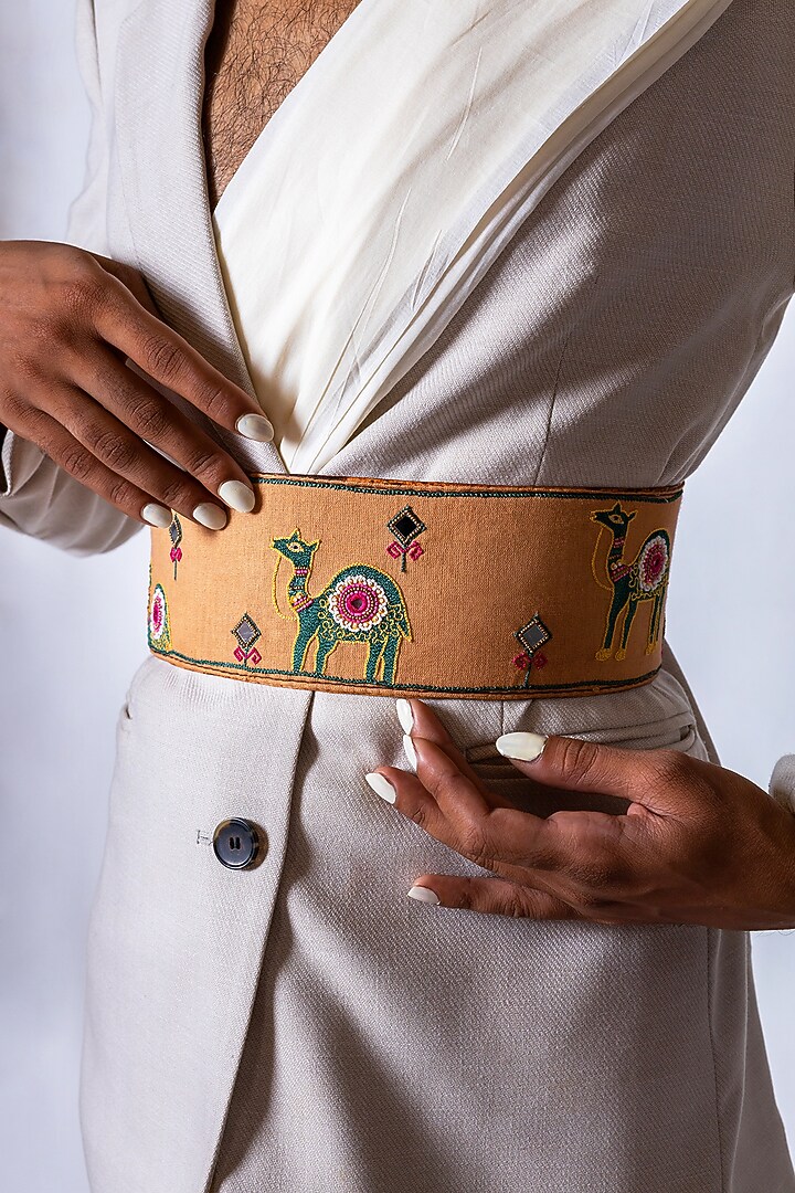 Brown Khadi & Leather Embroidered Belt by KrutiArts at Pernia's Pop Up Shop