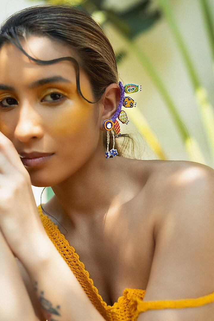 Purple Hand Embroidered Stud Earrings by KrutiArts at Pernia's Pop Up Shop