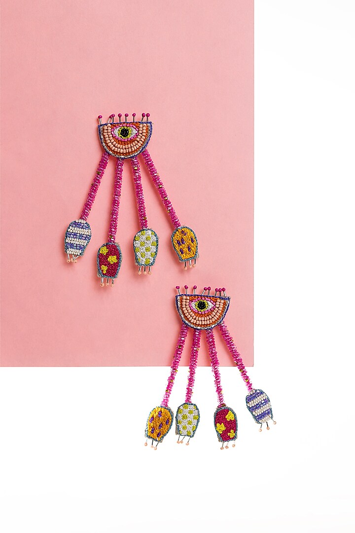 Pink Hand Embroidered Dangler Earrings by KrutiArts
