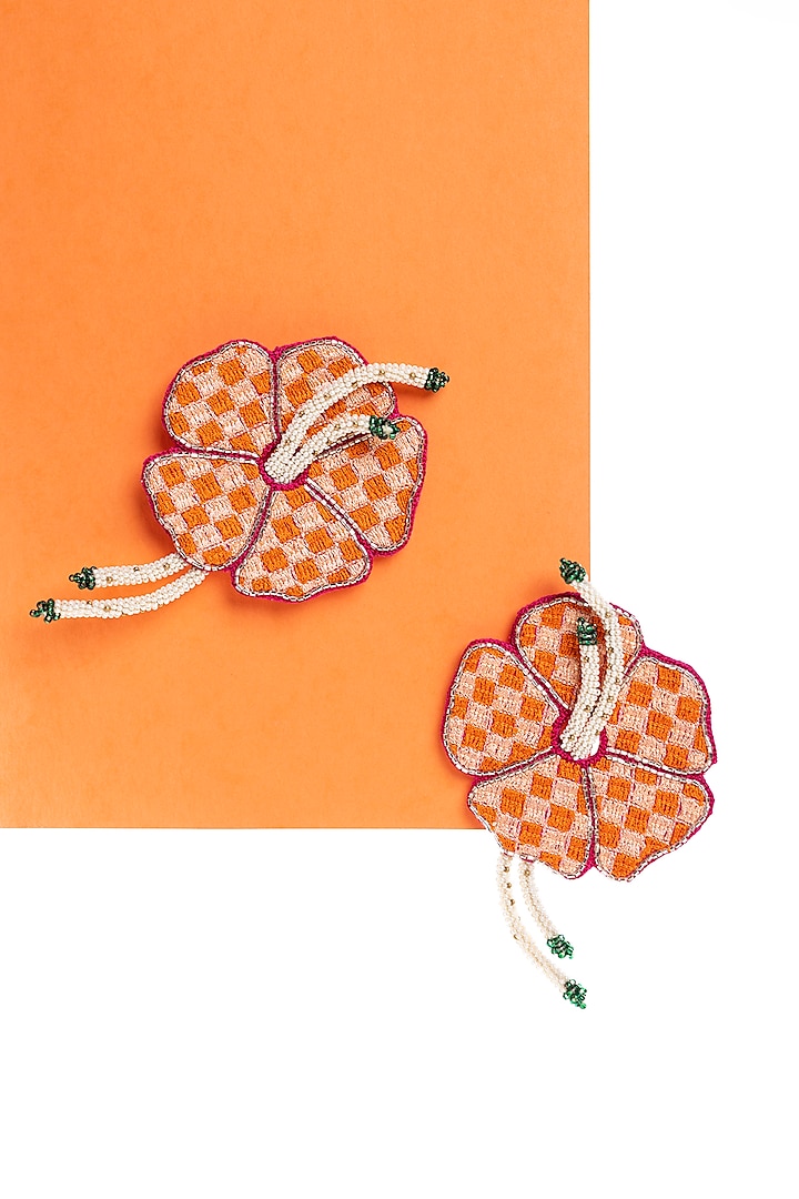 Peach Hand Embroidered Stud Earrings by KrutiArts at Pernia's Pop Up Shop