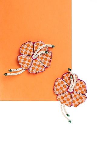 Peach Hand Embroidered Stud Earrings by KrutiArts