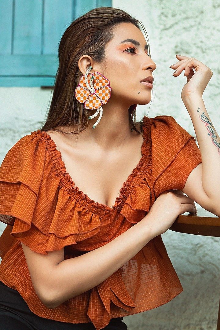 Peach Hand Embroidered Stud Earrings by KrutiArts at Pernia's Pop Up Shop