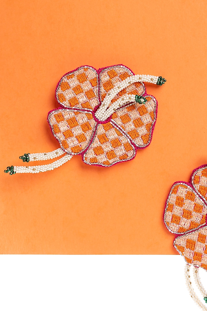 Peach Hand Embroidered Stud Earrings by KrutiArts at Pernia's Pop Up Shop