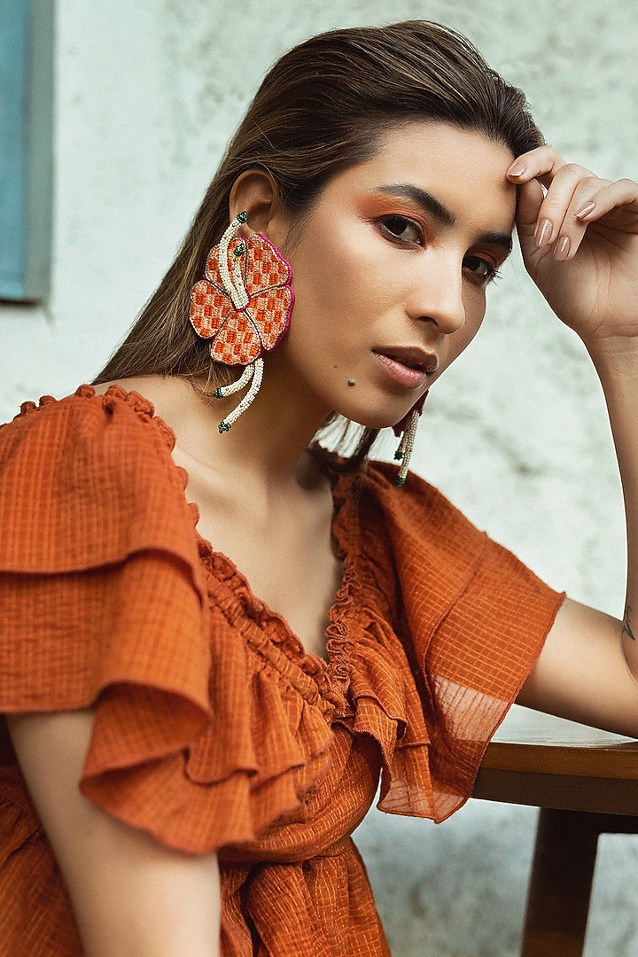Peach Hand Embroidered Stud Earrings by KrutiArts at Pernia's Pop Up Shop