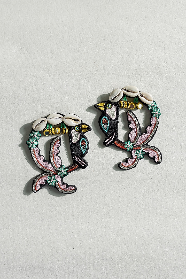 Black Cowrie Shell & Bead Hand Embroidered Stud Earrings by KrutiArts at Pernia's Pop Up Shop