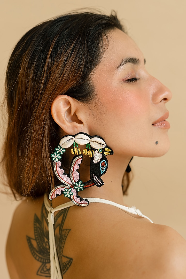 Black Cowrie Shell & Bead Hand Embroidered Stud Earrings by KrutiArts at Pernia's Pop Up Shop