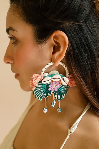 Green Cowrie Shell & Bead Hand Embroidered Hoop Earrings by KrutiArts