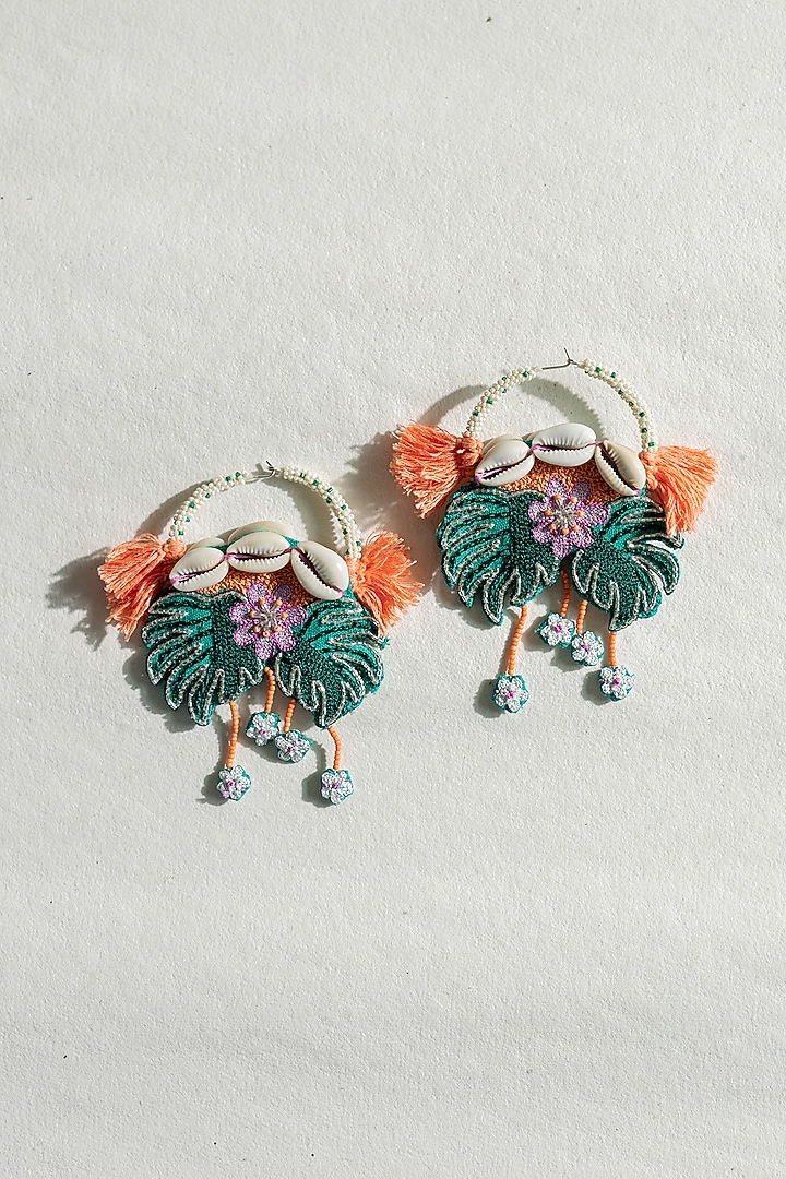 Green Cowrie Shell & Bead Hand Embroidered Hoop Earrings by KrutiArts at Pernia's Pop Up Shop