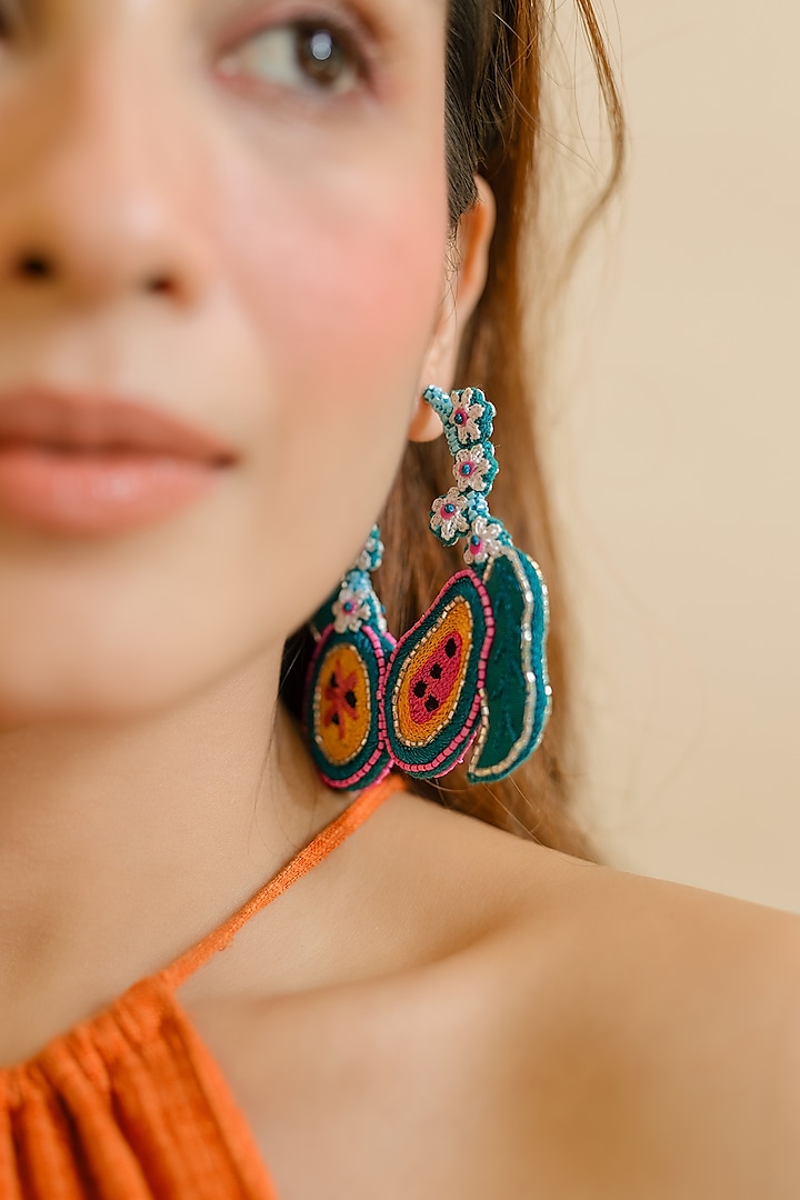 Green Floral Motif Hand Embroidered Hoop Earrings by KrutiArts at Pernia's Pop Up Shop