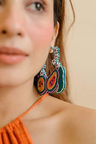 Green Floral Motif Hand Embroidered Hoop Earrings by KrutiArts