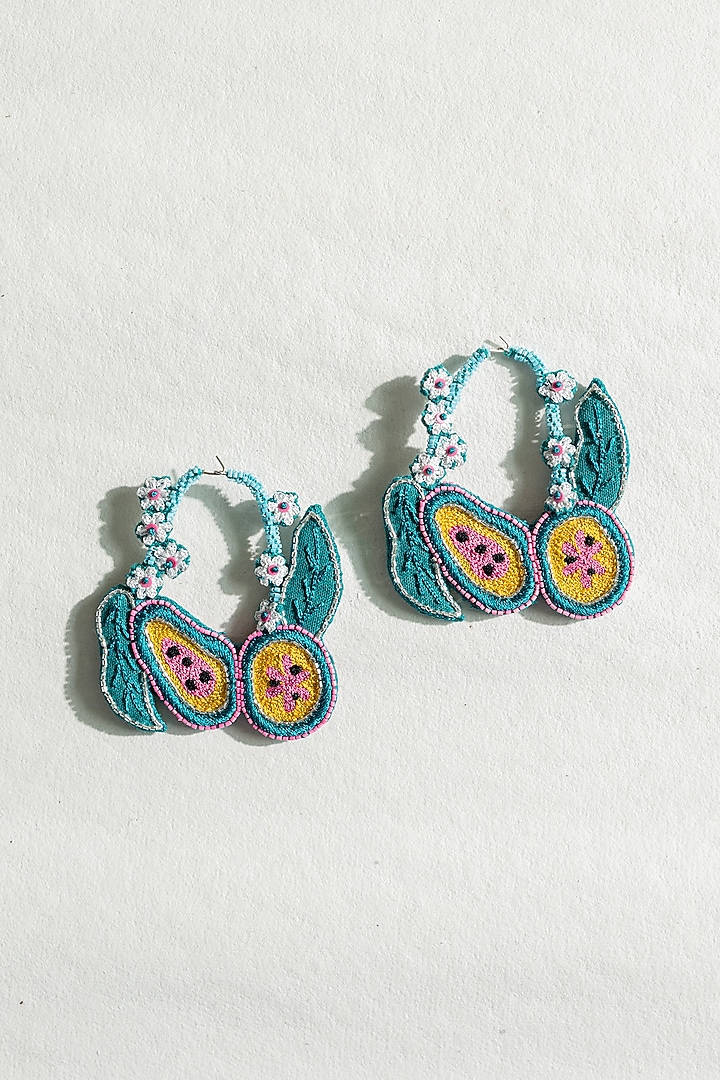 Green Floral Motif Hand Embroidered Hoop Earrings by KrutiArts at Pernia's Pop Up Shop