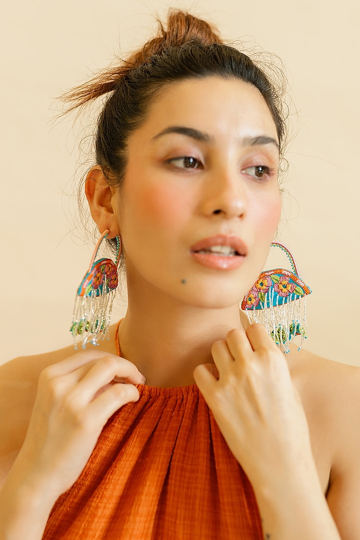 Green Floral Motif & Bead Hand Embroidered Hoop Earrings by KrutiArts at Pernia's Pop Up Shop