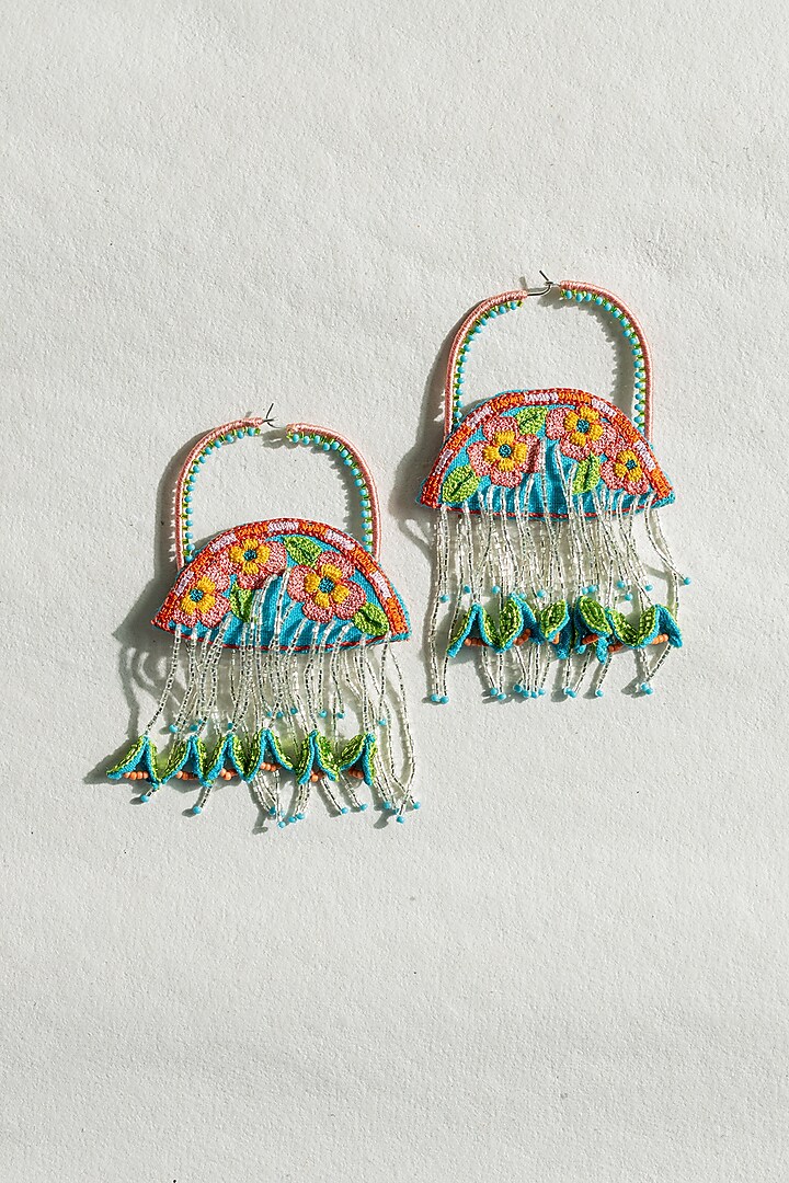 Green Floral Motif & Bead Hand Embroidered Hoop Earrings by KrutiArts at Pernia's Pop Up Shop