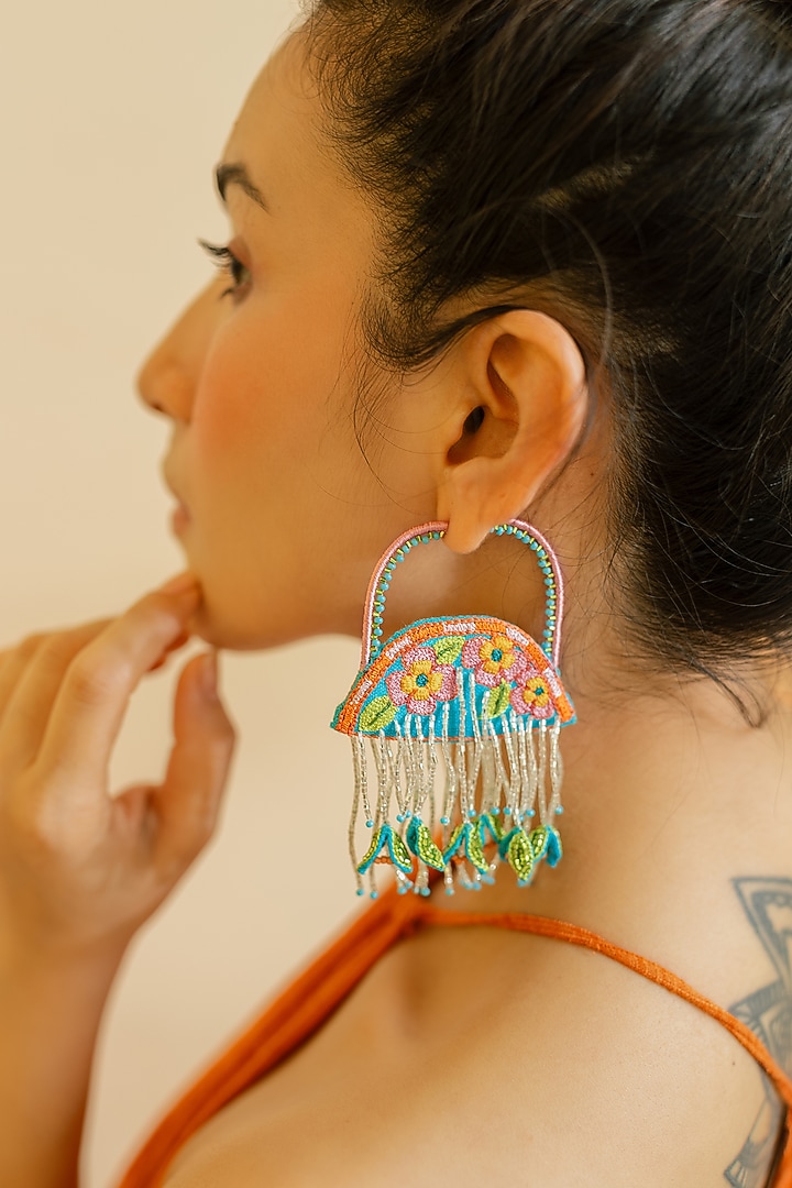 Green Floral Motif & Bead Hand Embroidered Hoop Earrings by KrutiArts at Pernia's Pop Up Shop