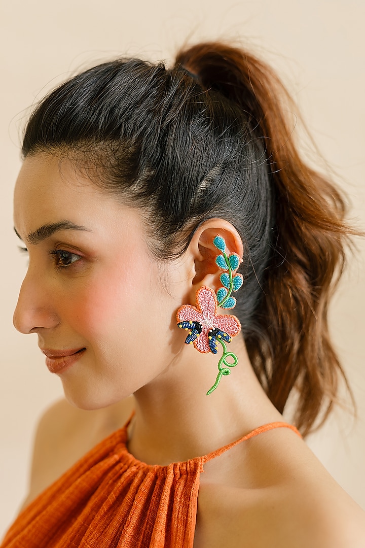 Peach Lady Bug Motif & Bead Hand Embroidered Earcuffs by KrutiArts at Pernia's Pop Up Shop