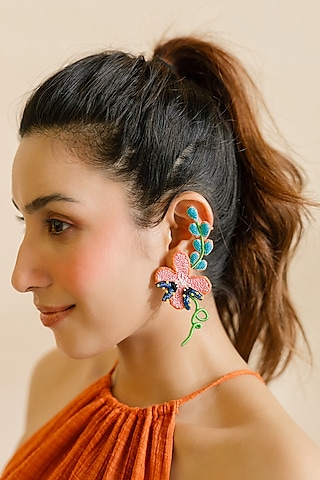 Peach Lady Bug Motif & Bead Hand Embroidered Earcuffs by KrutiArts