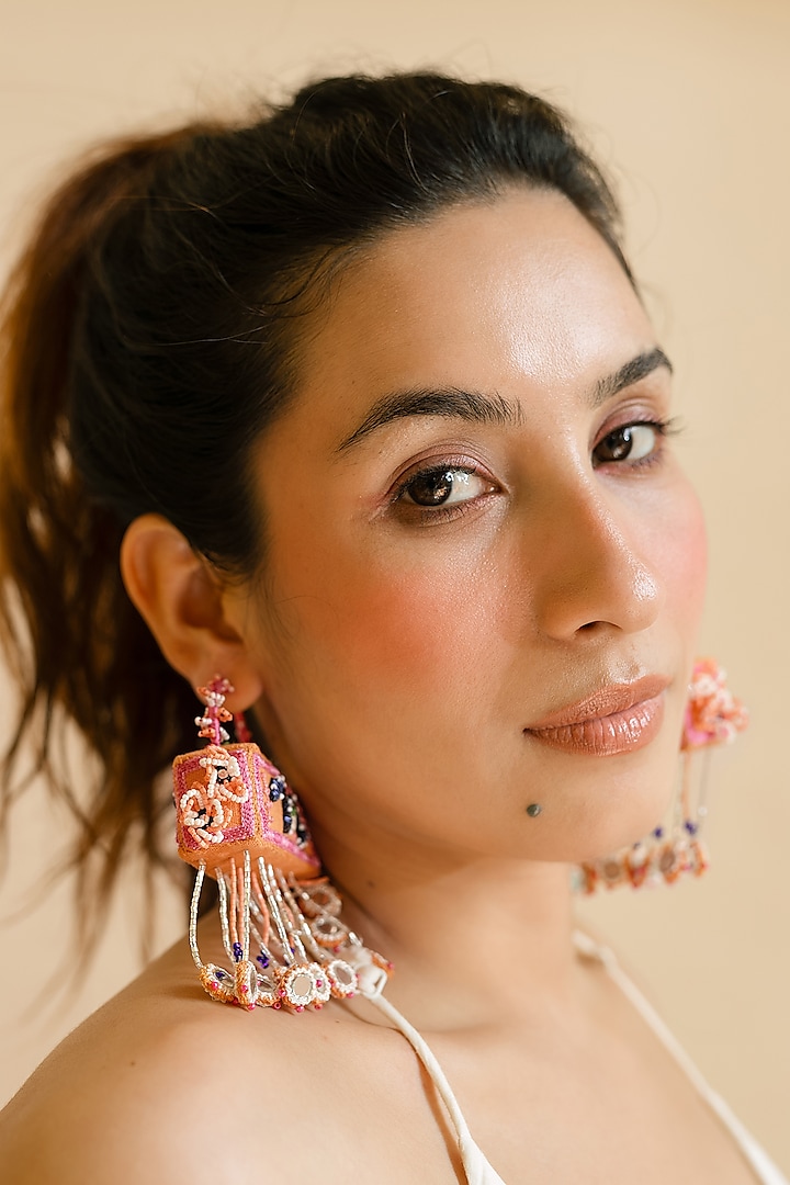 Peach Lady Bug & Floral Motif Cuboid 3D Hoop Earrings by KrutiArts at Pernia's Pop Up Shop