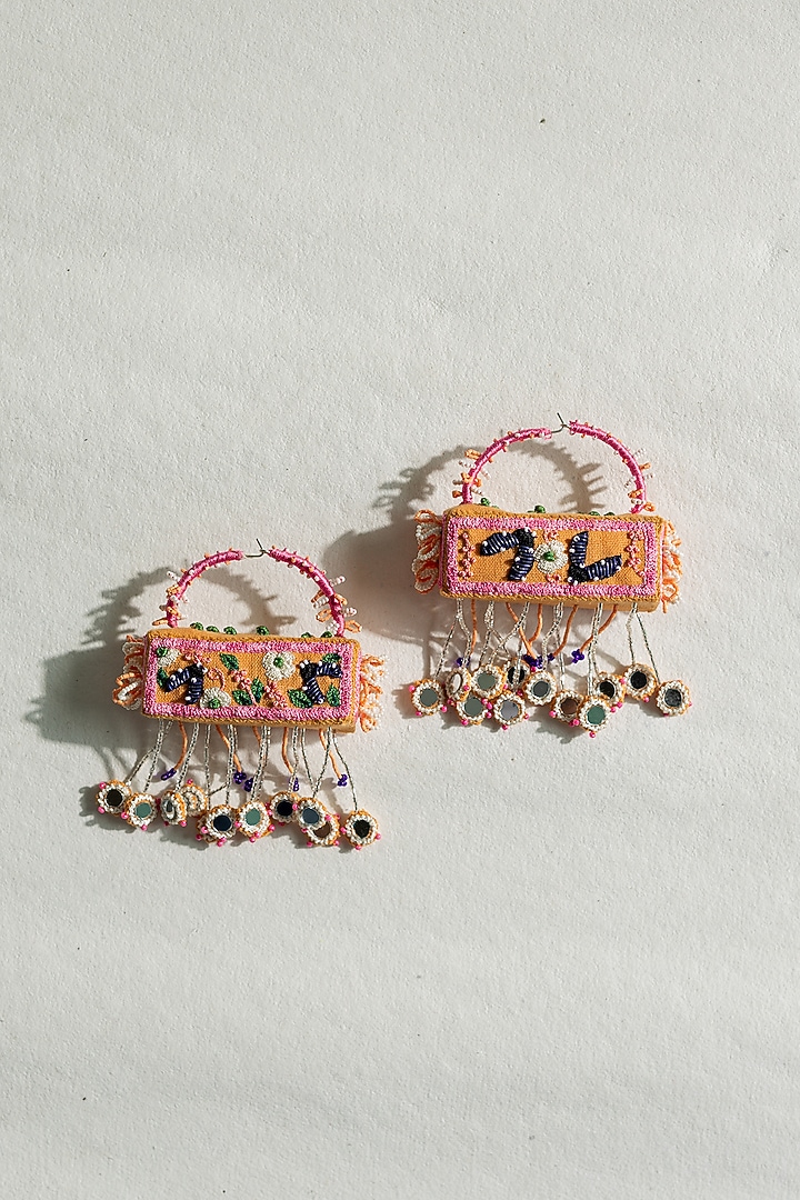 Peach Lady Bug & Floral Motif Cuboid 3D Hoop Earrings by KrutiArts at Pernia's Pop Up Shop