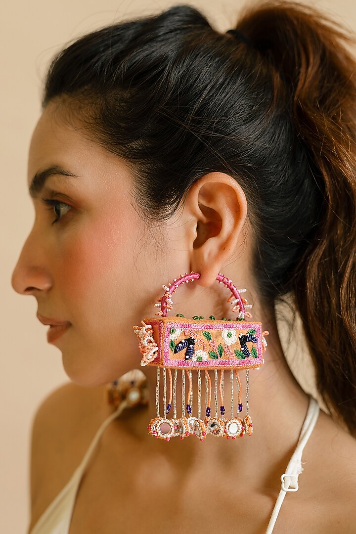 Peach Lady Bug & Floral Motif Cuboid 3D Hoop Earrings by KrutiArts at Pernia's Pop Up Shop