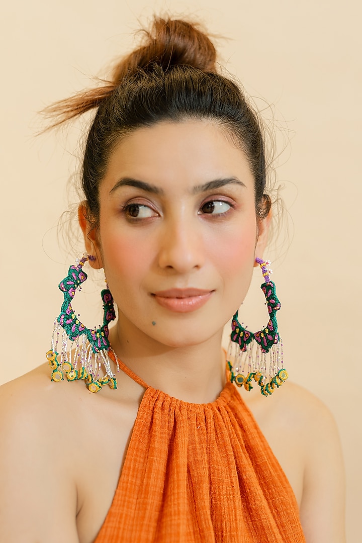 Green Butterfly Motif & Bead Hand Embroidered Hoop Earrings by KrutiArts at Pernia's Pop Up Shop