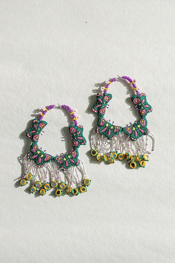Green Butterfly Motif & Bead Hand Embroidered Hoop Earrings by KrutiArts at Pernia's Pop Up Shop