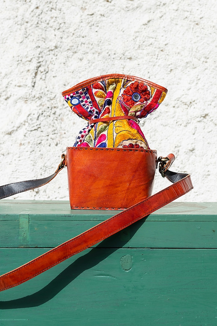 Brown Hand Embroidered Potli Bag by KrutiArts