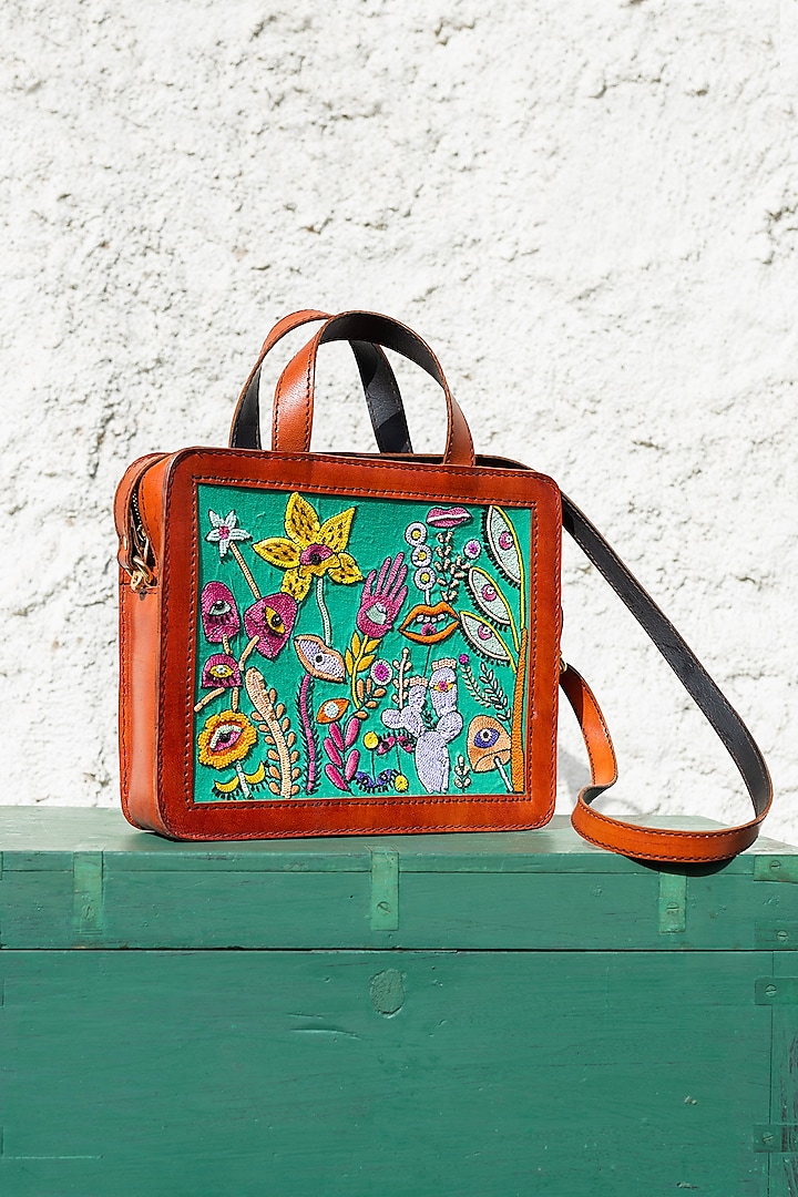 Green Hand Embroidered Hand Bag by KrutiArts