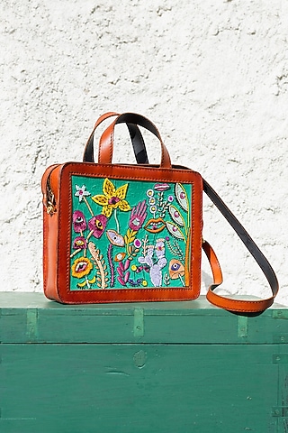 Green Hand Embroidered Hand Bag by KrutiArts