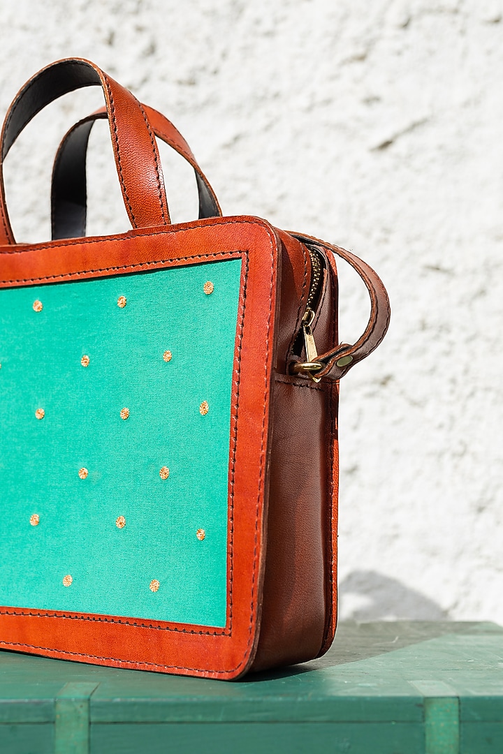 Green Hand Embroidered Hand Bag by KrutiArts at Pernia's Pop Up Shop