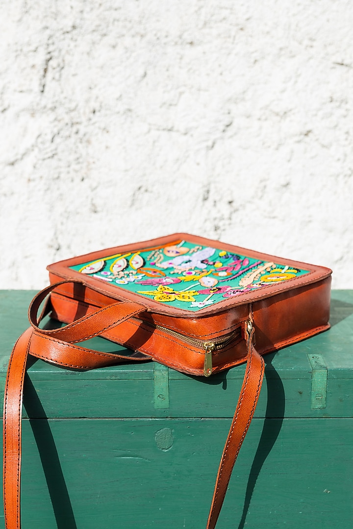 Green Hand Embroidered Hand Bag by KrutiArts at Pernia's Pop Up Shop