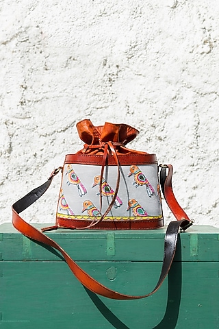 Grey Hand Embroidered Potli Bag by KrutiArts