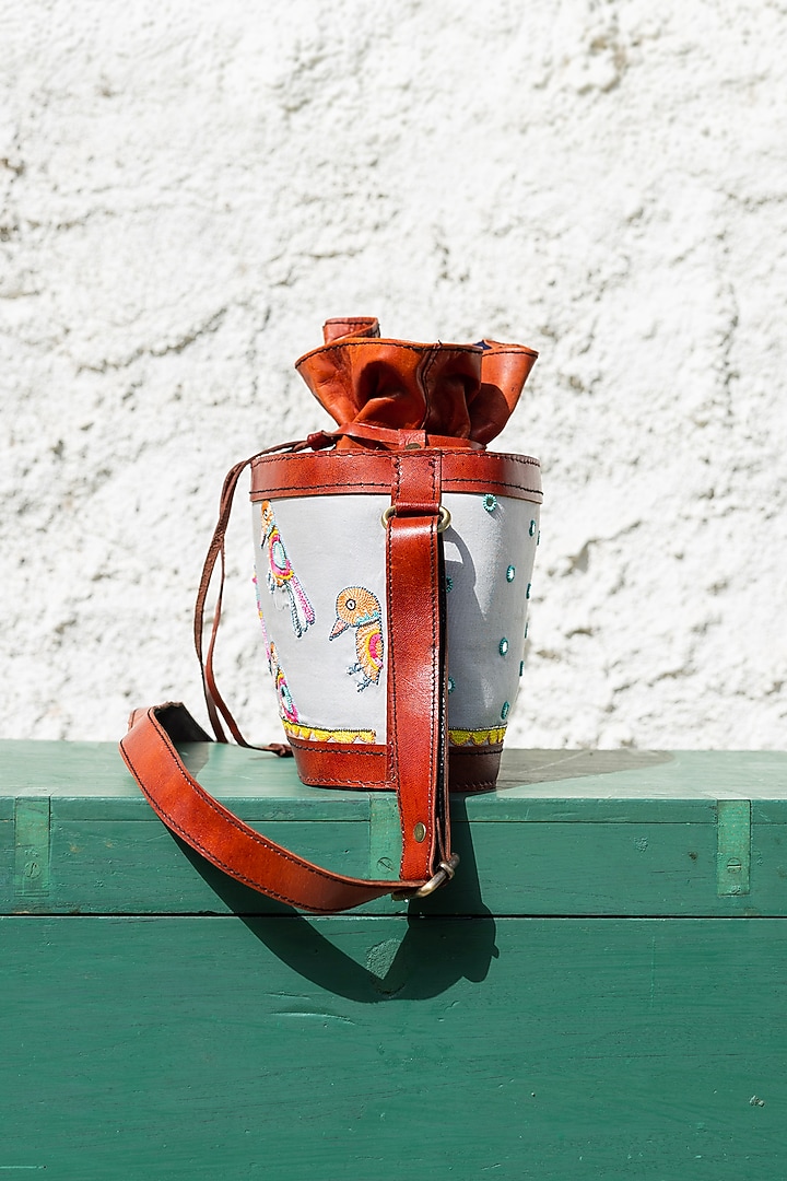 Grey Hand Embroidered Potli Bag by KrutiArts at Pernia's Pop Up Shop