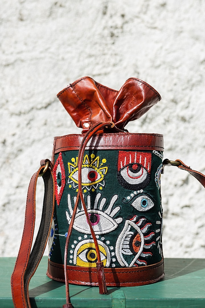 Green Hand Embroidered Potli Bag by KrutiArts at Pernia's Pop Up Shop