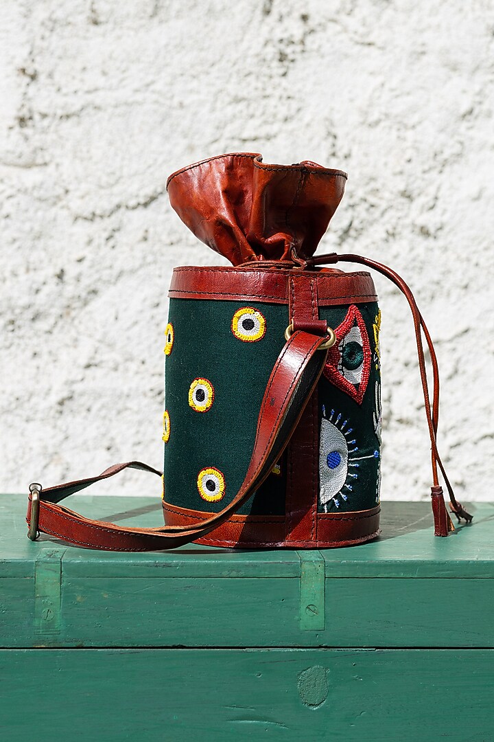 Green Hand Embroidered Potli Bag by KrutiArts at Pernia's Pop Up Shop