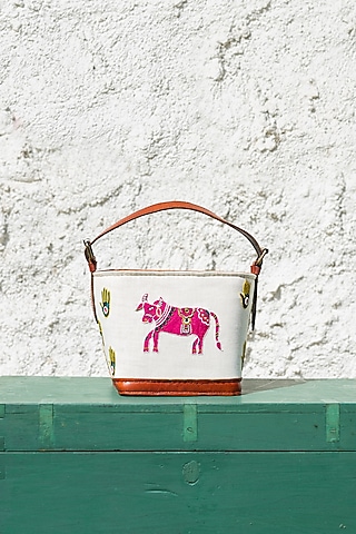 White Hand Embroidered Hand Bag by KrutiArts