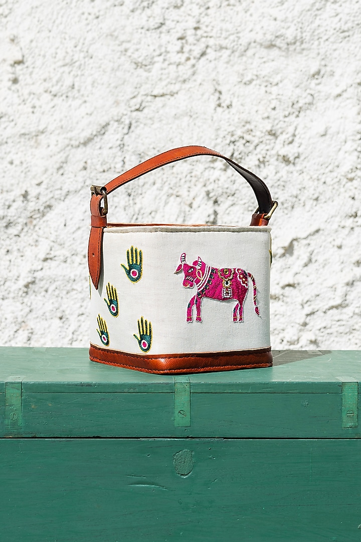 White Hand Embroidered Hand Bag by KrutiArts at Pernia's Pop Up Shop