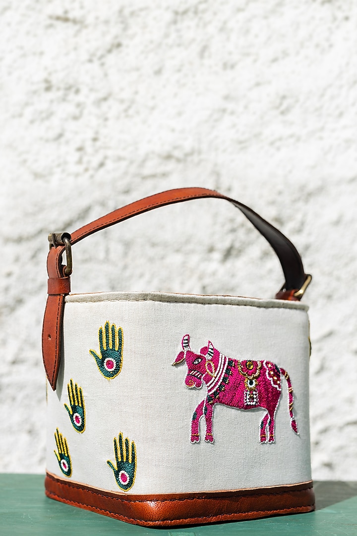 White Hand Embroidered Hand Bag by KrutiArts at Pernia's Pop Up Shop
