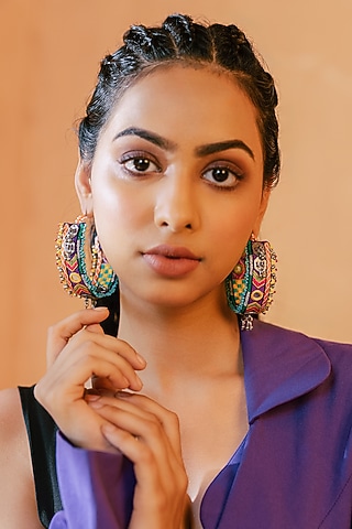 Multi-Colored Embroidered Hoop Earrings by KrutiArts