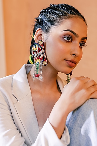 Red Embroidered Dangler Earrings by KrutiArts