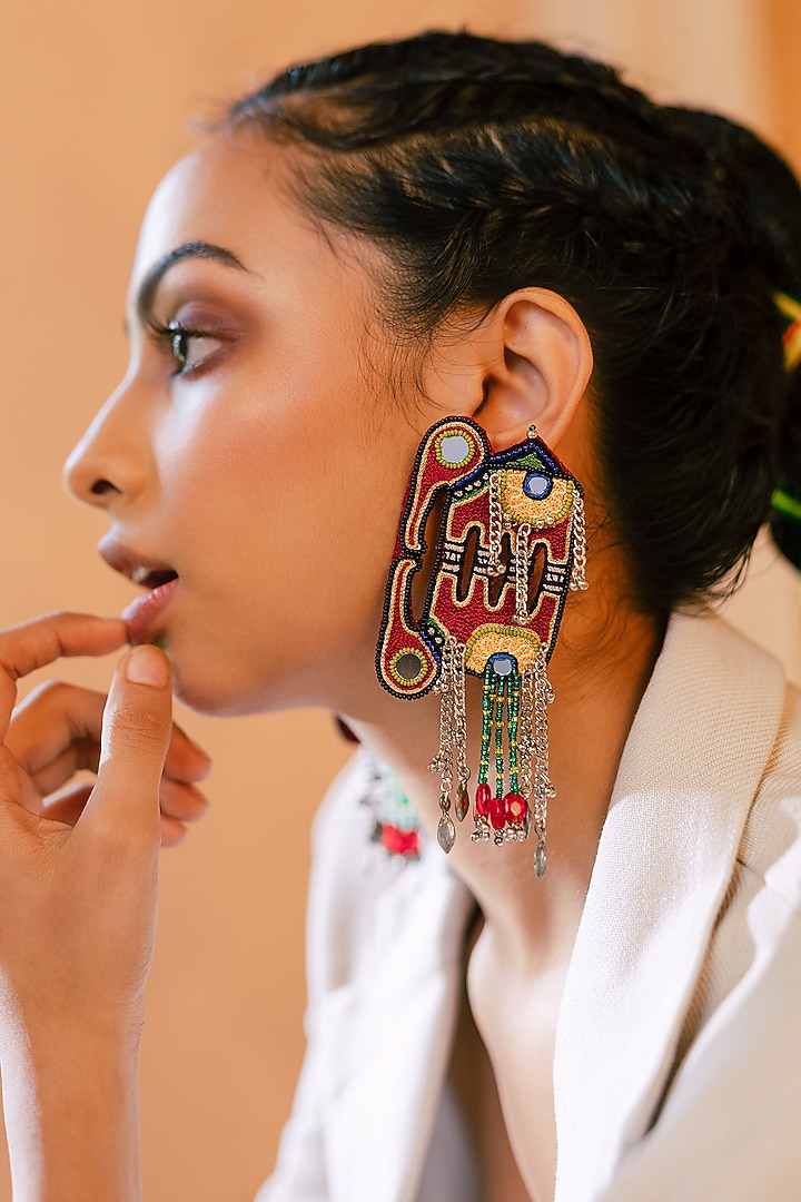 Red Embroidered Dangler Earrings by KrutiArts at Pernia's Pop Up Shop