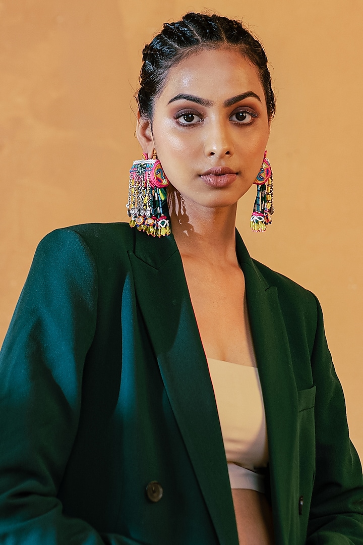 Multi-Colored Embroidered Dangler Earrings by KrutiArts