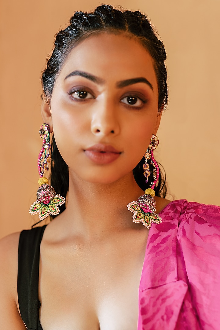 Multi-Colored Embroidered Dangler Earrings by KrutiArts