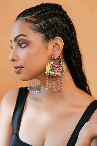 Multi-Colored Embroidered Jhumka Earrings by KrutiArts