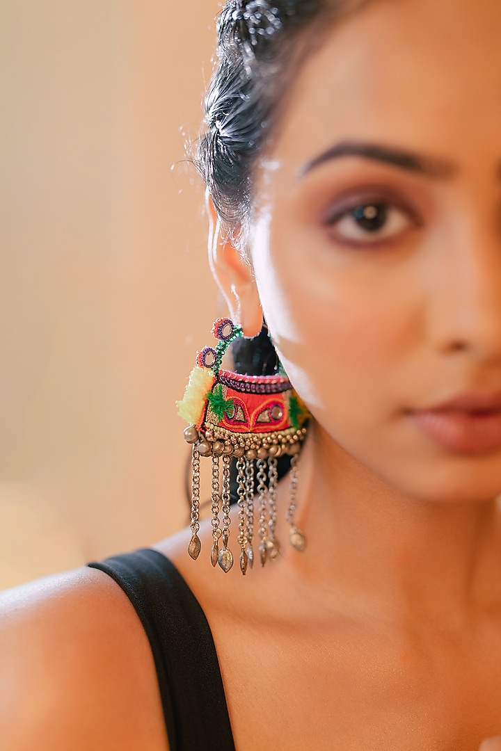 Multi-Colored Embroidered Jhumka Earrings by KrutiArts at Pernia's Pop Up Shop